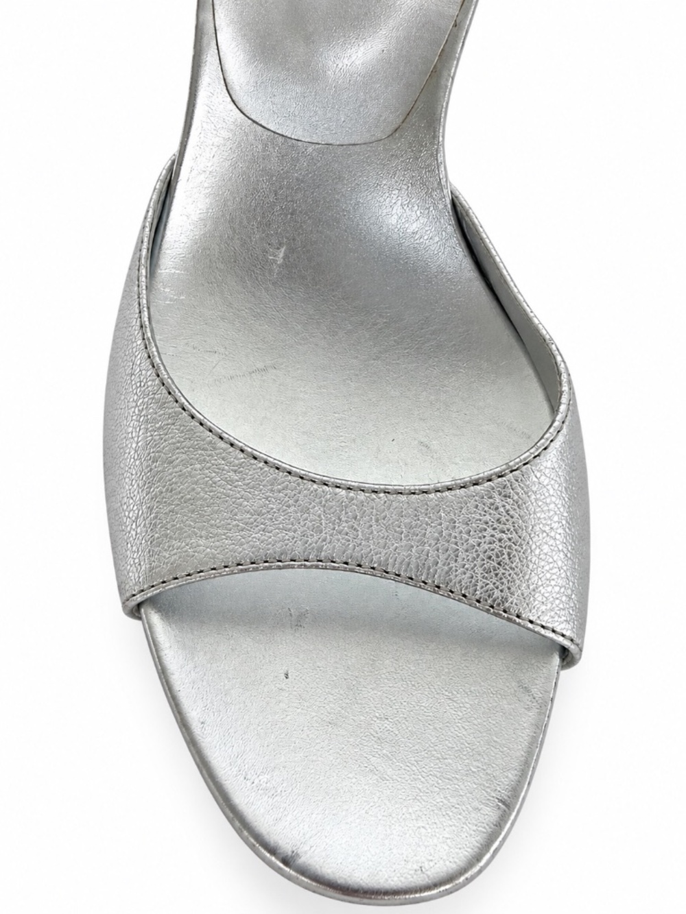 Prada Silver Metallic Leather Open Toe Mule Heels Sandals Size 37 - Picture 6 of 16